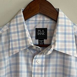 Jos A Bank Men’s Traveler Blue Pink Check Long Sleeve Dress Shirt M